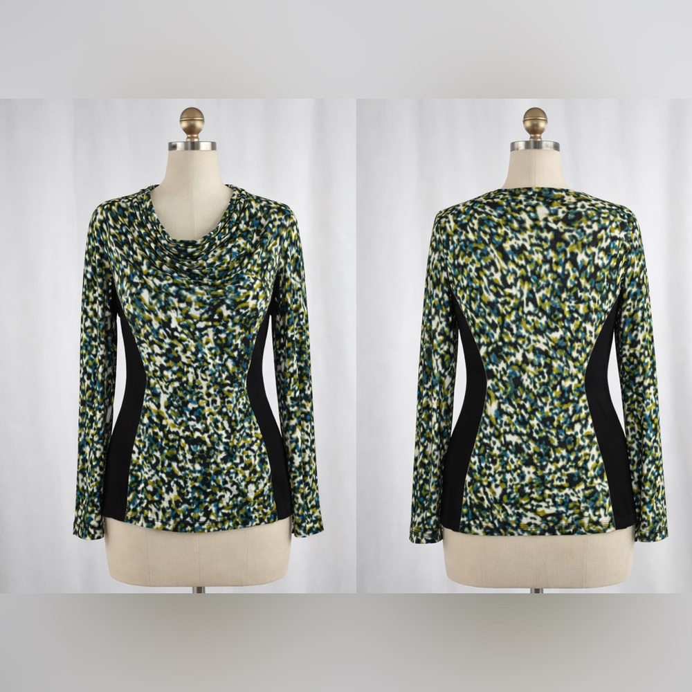 Hilton Hollis XL cowl neck long sleeve blouse abstract print black side panels